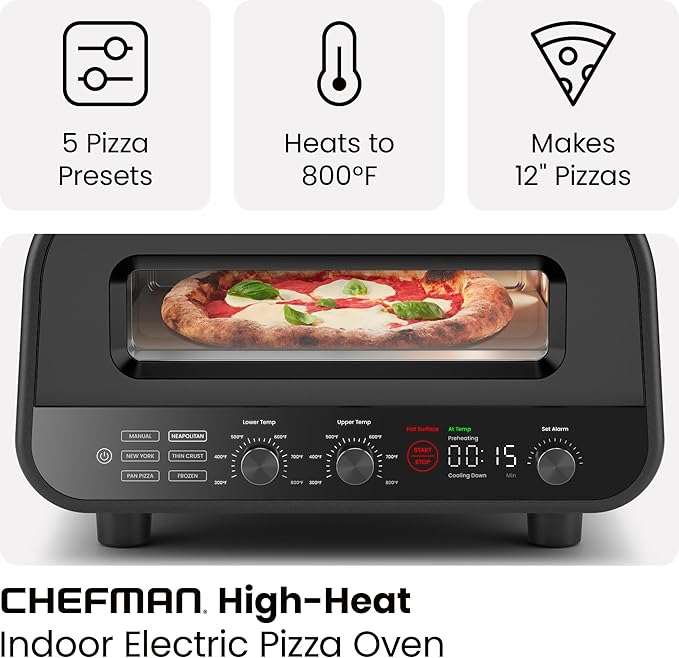 CHEFMAN Indoor Pizza Oven - Makes 12 Inch Pizzas in Minutes, Heats up to 800°F - Countertop Electric Maker with 5 Touchscreen Presets, Pizza Stone and Peel Included - Stainless Black