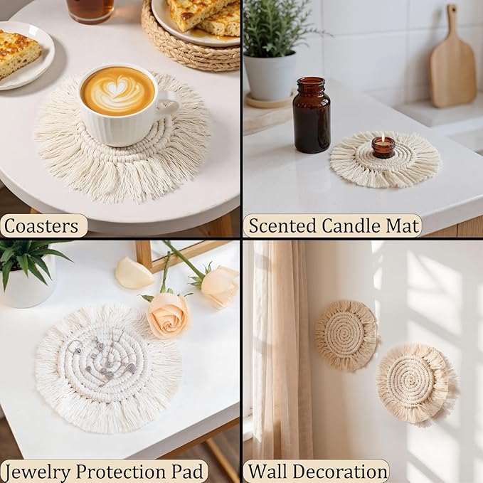 Desk Coasters Set of 2, Cute Coaster for Desk, Round Handmade Woven Coaster for Boho Home Decor, CupCoasters for Office Kitchen Dining Room Bar Farmhouse, Coasters Set for Drinks, Beer, Coffee