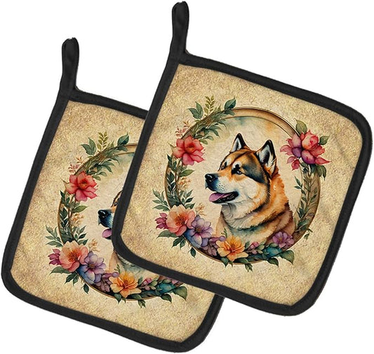 Caroline's Treasures Akita and Flowers Pair of Pot Holders Kitchen Heat Resistant Pot Holders Sets Oven Hot Pads for Cooking Baking BBQ, 7 1/2 x 7 1/2