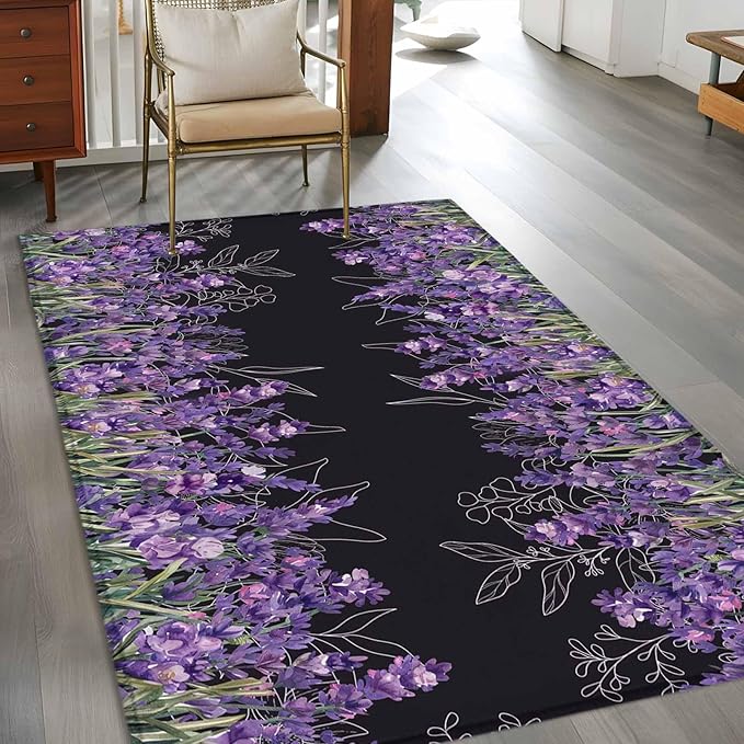 Area Rug 3x5ft, Spring Purple Lavender Flower Washable Rugs for Living Room Bedroom, Watercolor Floral on Black Soft Non-Slip Area Rugs Rectangle Floor Carpet for Dining Room