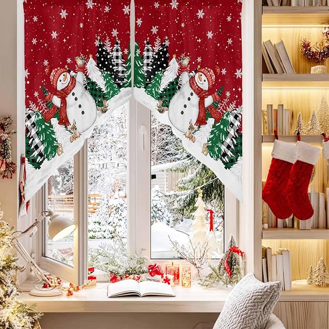 Christmas Snowman Swag Valance Curains Winter Xmas Tree Snowflakes Black Plaid Rod Pocket Kitchen Curtains Scalloped Window Treatment Valances Swag for Living Room Bedroom, 1 Pair, 28"W x 36"L
