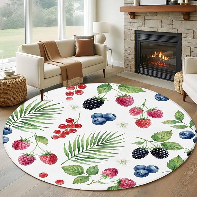 Washable Round Area Rug Farm Fruit Berry Cherry Blueberry Circle Rugs Floor Carpet for Living Room Bedroom, Watercolor Mulberry Leaves Soft Non Slip Round Rug 5ft