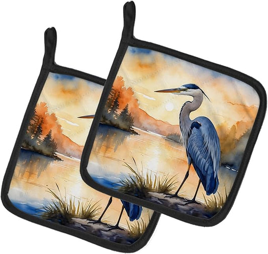 Caroline's Treasures Blue Heron in The Golden Hour Pair of Pot Holders Kitchen Heat Resistant Pot Holders Sets Oven Hot Pads for Cooking Baking BBQ, 7 1/2 x 7 1/2