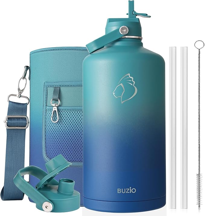 BUZIO 1 Gallon Water Jug with Straw Lid, 128oz Water Bottle Stainless Steel Triple Wall Hydro Jug 18/8 Food Grade Thermo Mug Keep Cold 48H & Hot 24H, Gradient Cyan