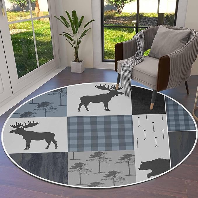 Round Area Rug,Elk Bear Jungle Animal Shadow Circle Living Room Rug Non-Slip Rugs Indoor Carpet,Retro Blue Plaid Soft Comfort Rugs for Bedroom KidsRoom Nursery