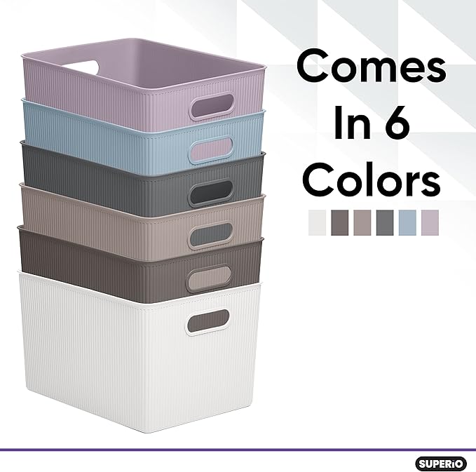 Superio Ribbed Collection - Decorative Plastic Basket Open Home Storage Bins Organizer, X-Large Lilac Purple (1 Pack) Container Boxes for Organizing Closet Storage Bins for Shelves 22 Liter/23 Quart