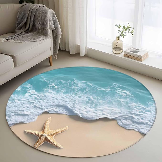 Washable Round Area Rug Beach Starfish Teal Sea Water Circle Rugs Floor Carpet for Living Room Bedroom, Summer Ocean Theme Soft Non Slip Round Rug 4ft