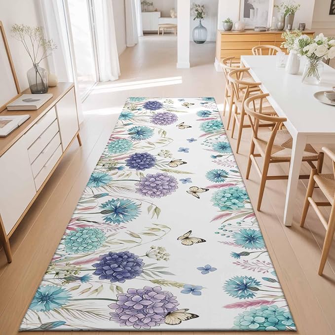 Runner Rug for Bedroom Hallway, Spring Flower Thistle Hydrangea Kitchen Runner Rugs Area Rug 2x6ft, Wild Garden Floral Butterfly Washable Soft Floor Carpet for Entryway Stair