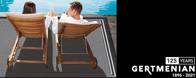 Gertmenian Indoor/Outdoor Flatweave Area Rug - 8x10 Large, Stain & UV Resistant, Ideal For Deck, Patio, Poolside, Mudroom - Simple Border, Black, 21359