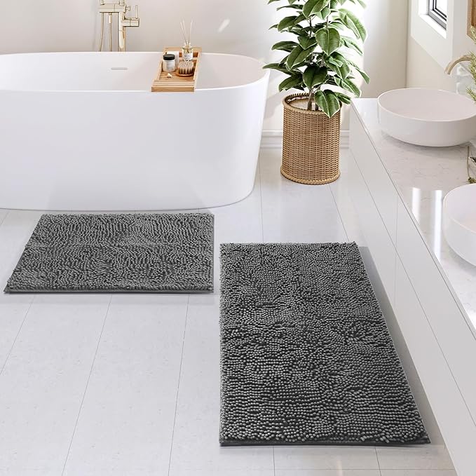 Clara Clark Grey Shower Curtain Set with Rugs - Bathroom Sets with Shower Curtain and Rugs, Fabric Shower Curtains and 2 Bath Mats, Modern Bathroom Shower and Curtain Sets for Tub Or Stall