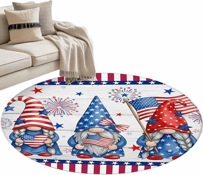 Washable Round Area Rug Independence Day USA Flag Star Dwarf Circle Rugs Floor Carpet for Living Room Bedroom, Stripes on Wood Grain Soft Non Slip Round Rug 3ft
