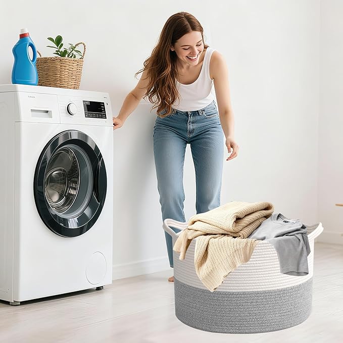 65L Large Blanket Basket,Woven Rope Laundry Basket Hamper with Handles,Decorative Nursery Basket Storage Bin for Toys, Pillows , Clothes Organizer, Living Room, Bedroom, Bathroom, White&Grey