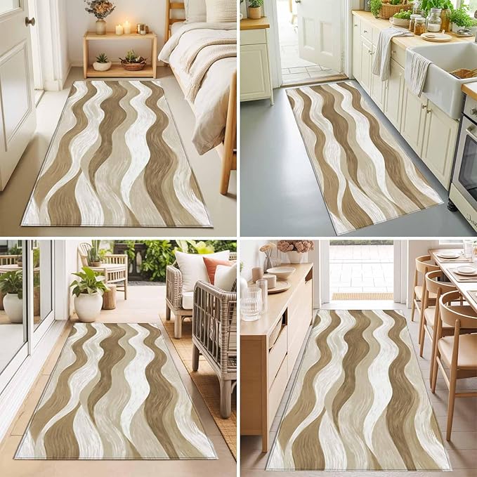 Runner Rug for Bedroom Hallway, Modern Brown Ombre Ocean Wave Kitchen Runner Rugs Area Rug 2x6ft, Abstract Gradient Stripe Washable Soft Floor Carpet for Entryway Stair