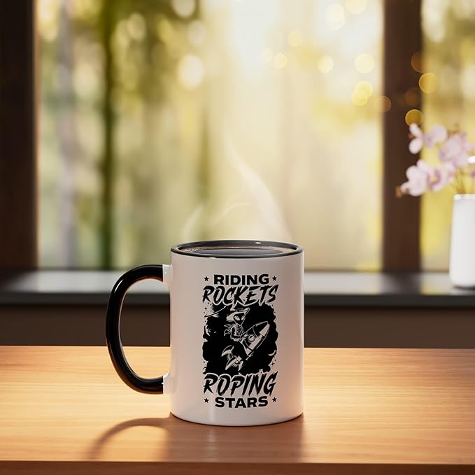Alien Lover Flying Saucer UFO Extraterrestrial Cowboy Ceramic Mug, Black/White