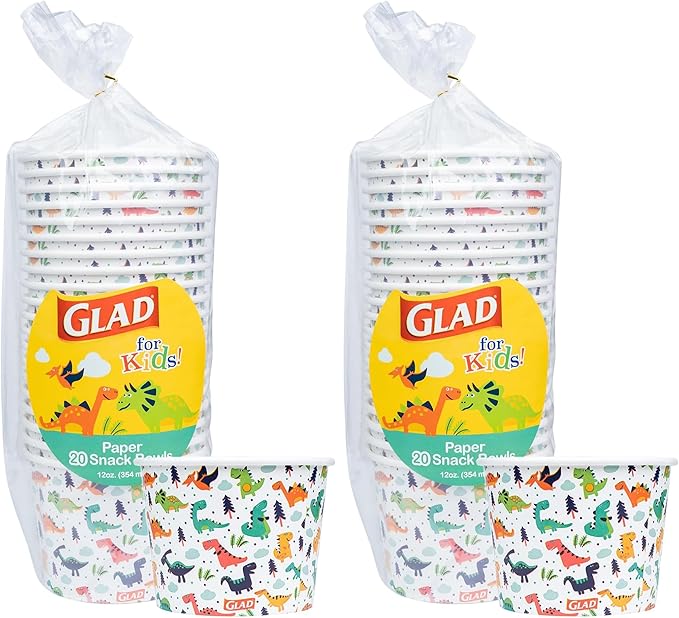 Glad Paper Bowls, 12 Ounces, 20 Count | Dinosaur Design | Disposable | For Kids | Pack of 2