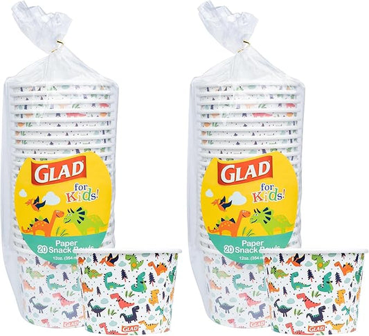 Glad Paper Bowls, 12 Ounces, 20 Count | Dinosaur Design | Disposable | For Kids | Pack of 2