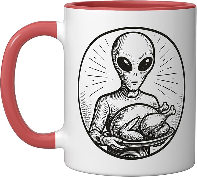 Alien with Thanksgiving Turkey Ceramic Mug, Red/White