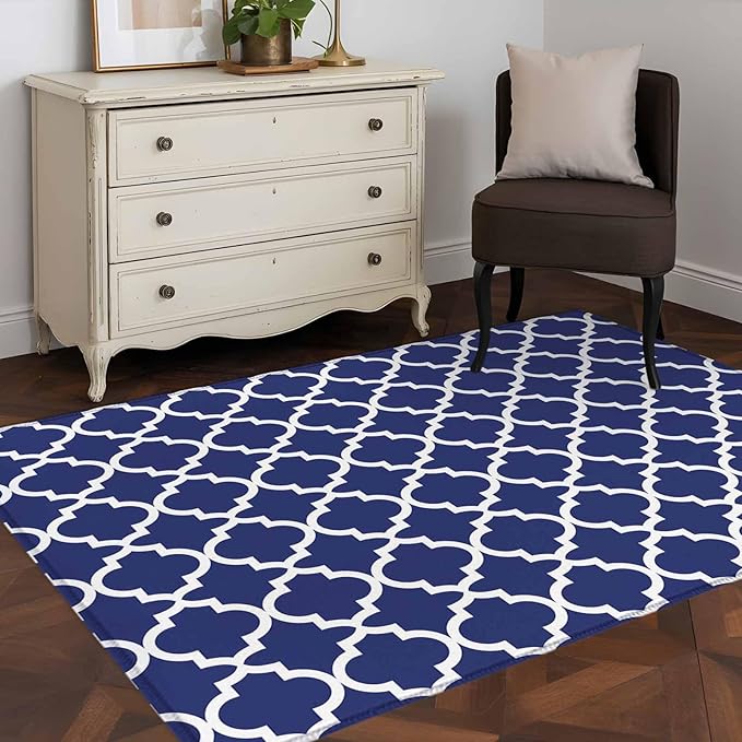 Area Rug 3x5ft, Navy Blue Moroccan Plaid Washable Rugs for Living Room Bedroom, White Line Buffalo Lattice Soft Non-Slip Area Rugs Rectangle Floor Carpet for Dining Room