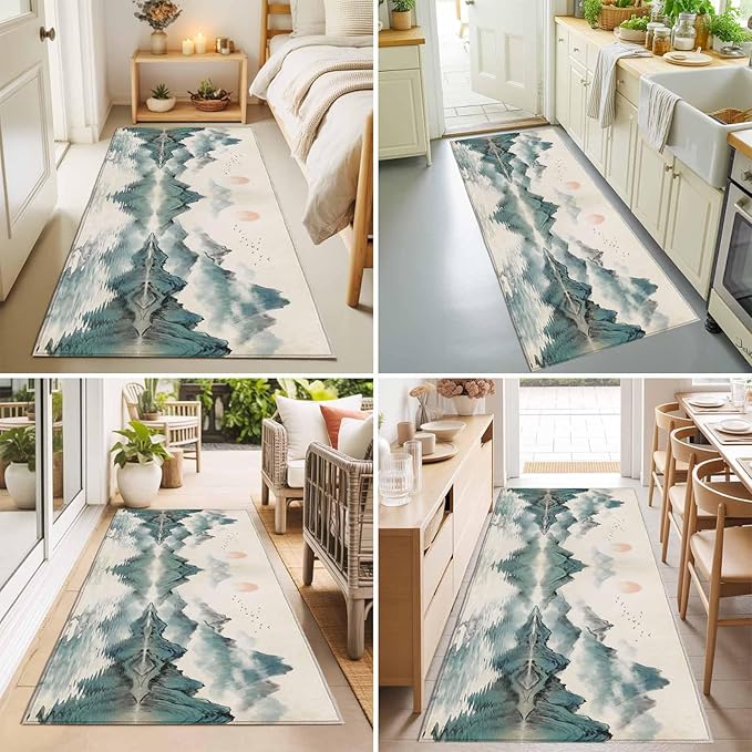 Runner Rug for Bedroom Hallway, Chinese Zen Landscape Ombre Kitchen Runner Rugs Area Rug 2x6ft, Abstract Mountain Lake Washable Soft Floor Carpet for Entryway Stair