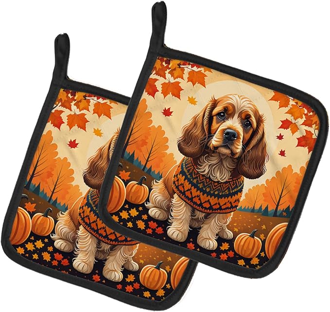 Caroline's Treasures DAC1038PTHD Cocker Spaniel Fall Pair of Pot Holders Kitchen Heat Resistant Pot Holders Sets Oven Hot Pads for Cooking Baking BBQ, 7 1/2 x 7 1/2