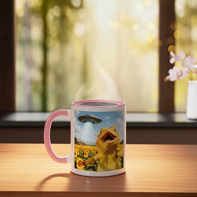 Funny Bearded Dragon Selfie with Alien UFO Ceramic Mug, Pink/White