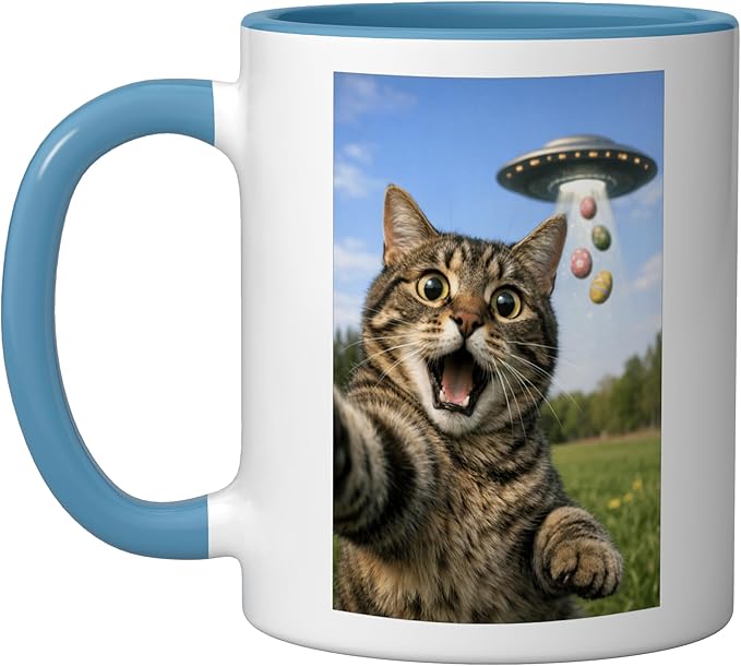 Funny Cat Selfie with Easter Eggs UFO for Men Women Kids Ceramic Mug, Blue/White