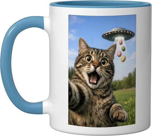 Funny Cat Selfie with Easter Eggs UFO for Men Women Kids Ceramic Mug, Blue/White