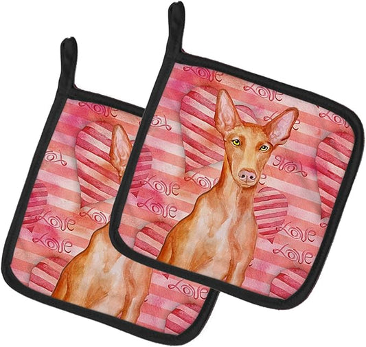 Caroline's Treasures BB9802PTHD Pharaoh Hound Love Pair of Pot Holders, Red Kitchen Heat Resistant Pot Holders Sets Oven Hot Pads for Cooking Baking BBQ, 7 1/2 x 7 1/2