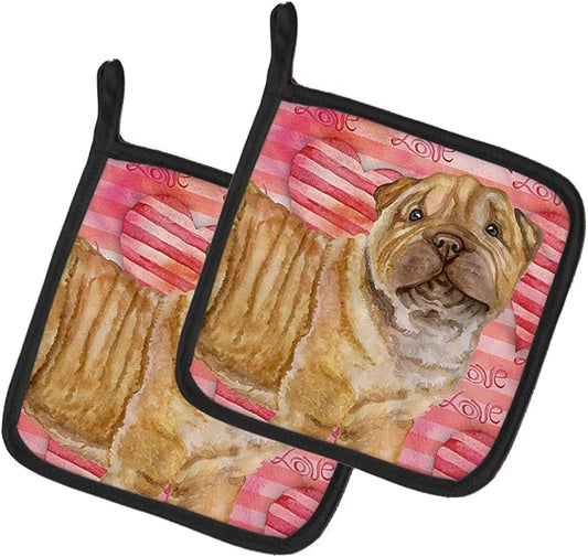 Caroline's Treasures BB9806PTHD Shar Pei Puppy Love Pair of Pot Holders, Red Kitchen Heat Resistant Pot Holders Sets Oven Hot Pads for Cooking Baking BBQ, 7 1/2 x 7 1/2