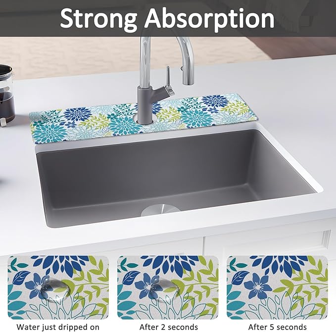 24" X 5.5" Kitchen Sink Splash Guard Faucet Mat Flora Super Absorbent Fast Drying Faucet Guard & Draining Mat Sink Splash Guard Behind Faucet for Kitchen, Bathroom