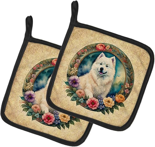 Caroline's Treasures Samoyed and Flowers Pair of Pot Holders Kitchen Heat Resistant Pot Holders Sets Oven Hot Pads for Cooking Baking BBQ, 7 1/2 x 7 1/2