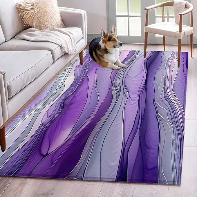 Area Rug 3x5ft, Abstract Art Purple Gray Wave Washable Rugs for Living Room Bedroom, Vintage Marble Texture Soft Non-Slip Area Rugs Rectangle Floor Carpet for Dining Room