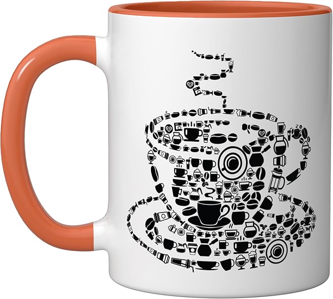 Coffee Brewed Steaming Java Picture Mosaic Cup Saucer Pot Ceramic Mug, Orange/White