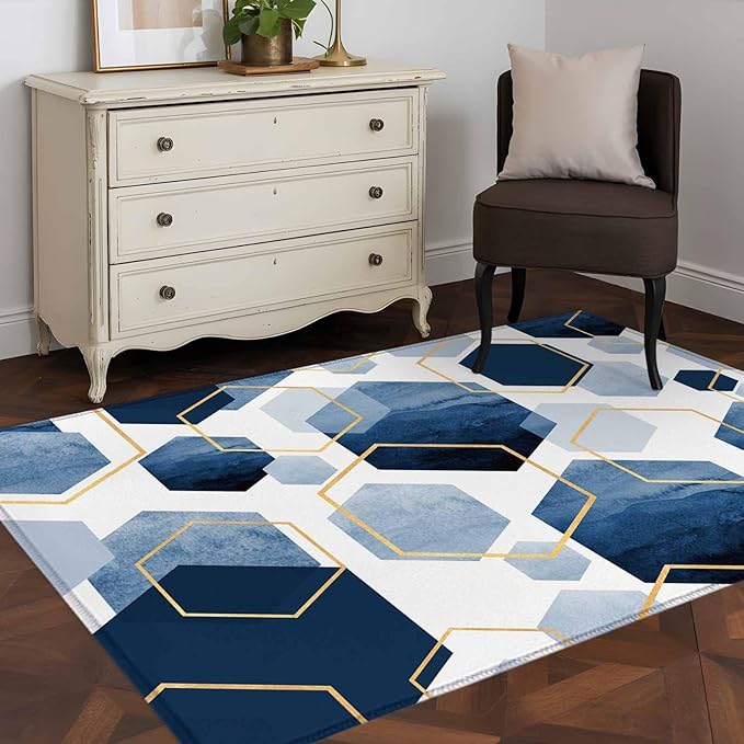 Area Rug 3x5ft, Watercolor Blue Hexagon Washable Rugs for Living Room Bedroom, Abstract Geometric Art Soft Non-Slip Area Rugs Rectangle Floor Carpet for Dining Room
