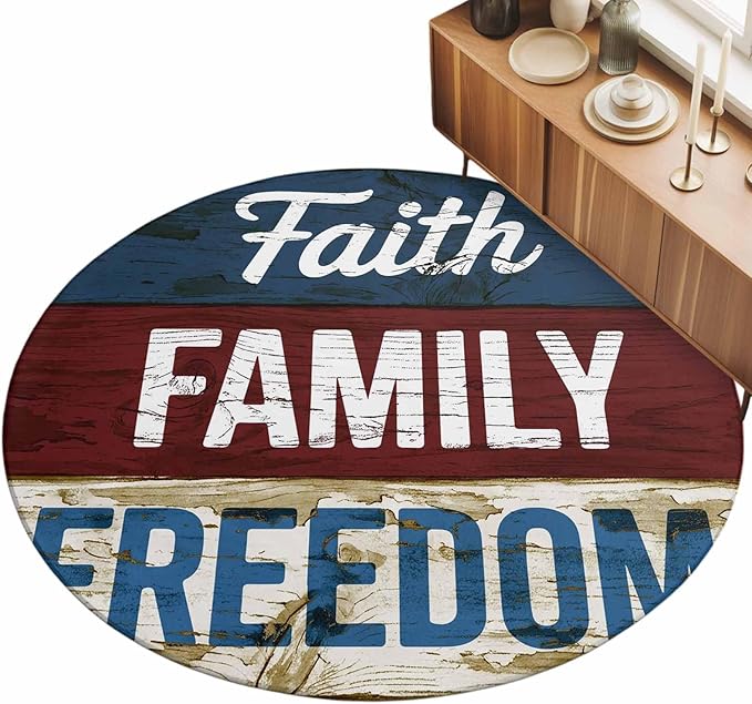 Washable Round Area Rug Independence Day USA Flag Circle Rugs Floor Carpet for Living Room Bedroom, Vintage Wooden Grain Soft Non Slip Round Rug 5ft