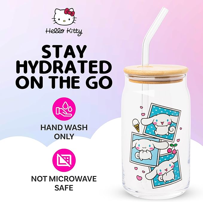 Silver Buffalo Sanrio Hello Kitty and Friends Cinnamoroll Polaroids Glass Jar Tumbler with Bamboo Lid and Glass Straw, 16 Ounces (Pack of 12)