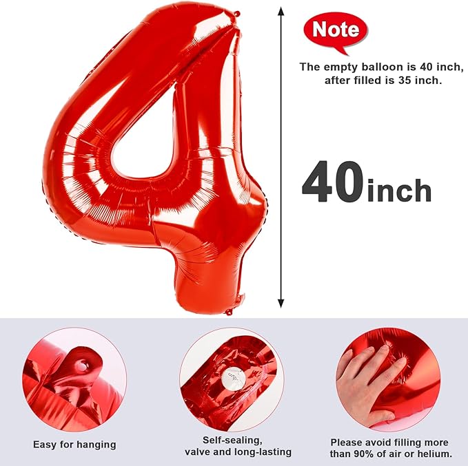 4 Balloon Numbers Birthday Decorations for Women Men, Number Balloons 40 In, Red Birthday Party Decorations Big Balloons for 14 24 34 Wedding, Celebration Party, Graduations