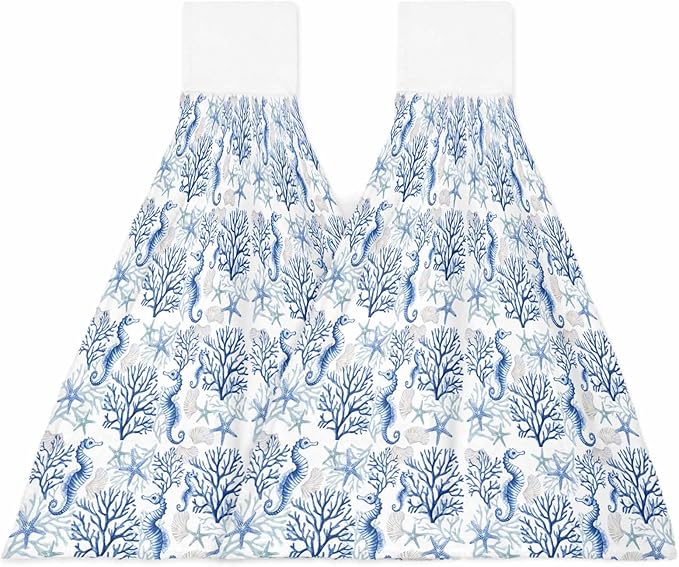 Alandar Home Kitchen Tie Towel Set of 2, Ocean Blue Seahorse Starfish Coral Absorbent Soft Hand Towels for Bathroom Hanging Towels, Watercolor Pearl Fast Drying Cleaning Cloth with Loop