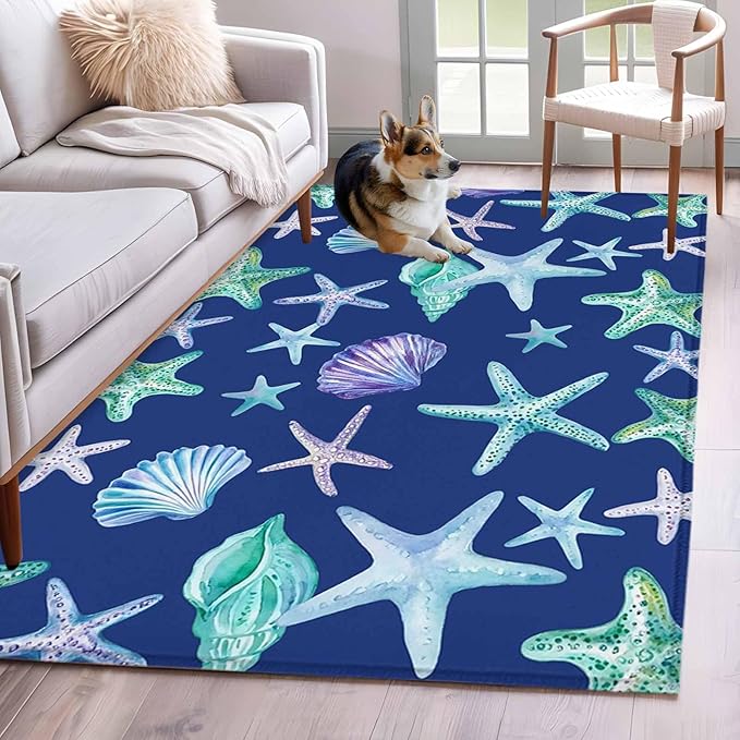 Area Rug 4x6ft, Summer Starfish Shell Conch Washable Rugs for Living Room Bedroom, Marine Creature on Blue Soft Non-Slip Area Rugs Rectangle Floor Carpet for Dining Room