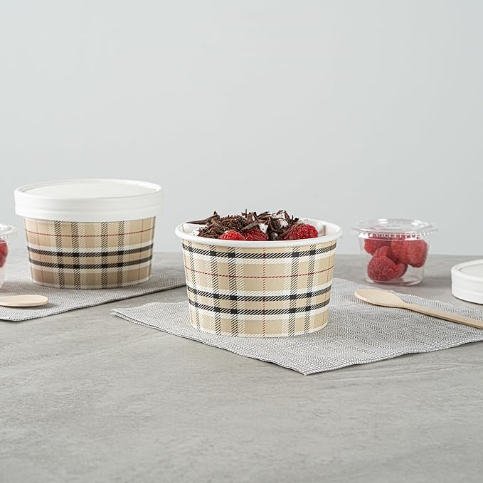 Restaurantware Coppetta 12 Ounce Dessert Cups, 50 Disposable Ice Cream Cups - Lids Sold Separately, Sturdy, Plaid Paper FroYo Bowls, For Hot And Cold Foods, Perfect For Gelato Or Mousse