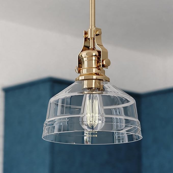 VAXCEL Beloit Brushed Gold Farmhouse Mini Pendant Ceiling Light with Clear Glass Shade, Adjustable Height Fixture Perfect for Kitchen Islands, Dining Rooms, or Living Spaces, LED Compatible, Dimmable
