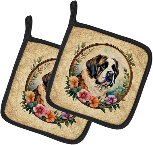 Caroline's Treasures Saint Bernard and Flowers Pair of Pot Holders Kitchen Heat Resistant Pot Holders Sets Oven Hot Pads for Cooking Baking BBQ, 7 1/2 x 7 1/2