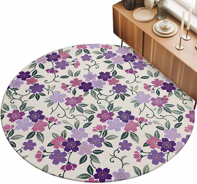 Washable Round Area Rug Watercolor Country Flowers Circle Rugs Floor Carpet for Living Room Bedroom, Plum Blossoms on Linen Soft Non Slip Round Rug 3ft