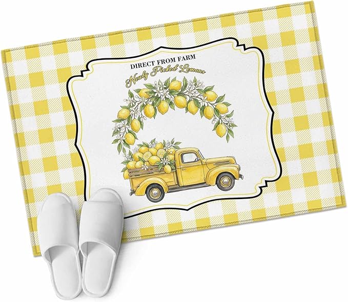 Area Rug 2x3ft, Farm Yellow Truck Lemon Fruit Washable Rugs for Living Room Bedroom, Flower Leaves Buffalo Plaid Soft Non-Slip Area Rugs Rectangle Floor Carpet for Dining Room
