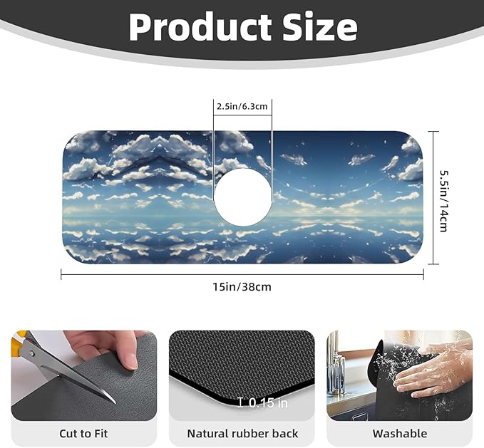 Blue Sky and White Clouds Printed Faucet Absorbent mat, Suitable for bathrooms, Kitchens, and Other Sink Areas.