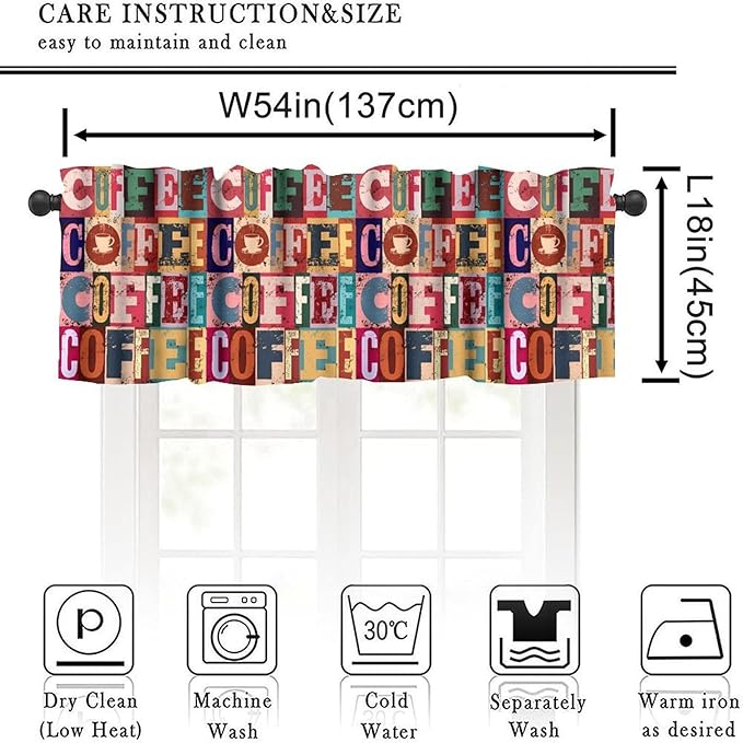 Retro Coffee Window Valance, Vintage Colorful Coffee Rustic Short Window Treatment for Cafe Kitchen Bedroom Living Room, 54x18Inch