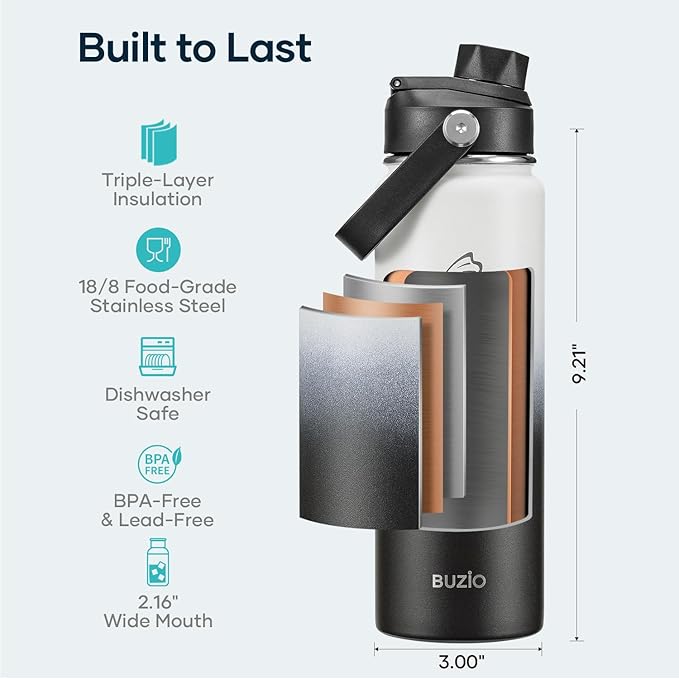 BUZIO 24 oz Water Bottle Insulated, Leakproof Stainless Steel Flask (Cold for 48 Hrs), Wide Mouth BPA-Free Metal Thermo Hydro Canteen with 2 Lids, Day & Night