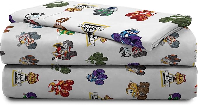 Jay Franco Kids Sheet Set with Fitted, Flat Sheets & Pillow Cover - Ultra-Soft Bedding with Pillowcase for Room Decor, White - Monster Jam, 3 Piece Toddler