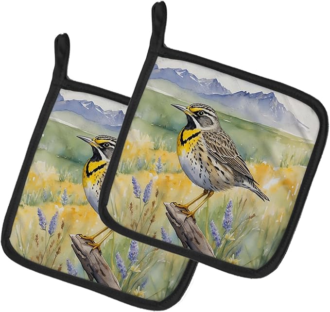 Caroline's Treasures Wyoming Western Meadowlark Pair of Pot Holders Kitchen Heat Resistant Pot Holders Sets Oven Hot Pads for Cooking Baking BBQ, 7 1/2 x 7 1/2