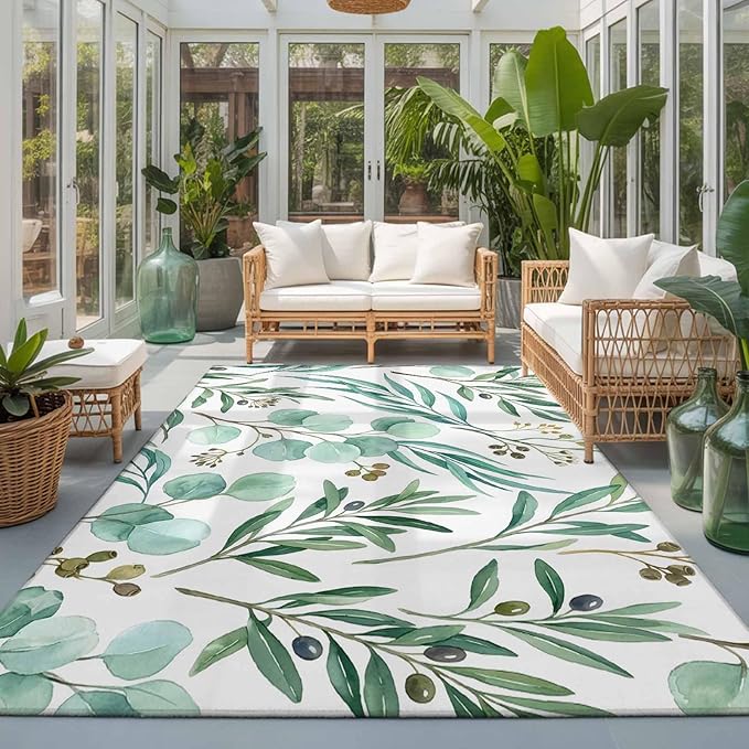 Area Rug 3x5ft, Watercolor Eucalyptus Leaves Washable Rugs for Living Room Bedroom, Spring Green Foliage Branch Soft Non-Slip Area Rugs Rectangle Floor Carpet for Dining Room